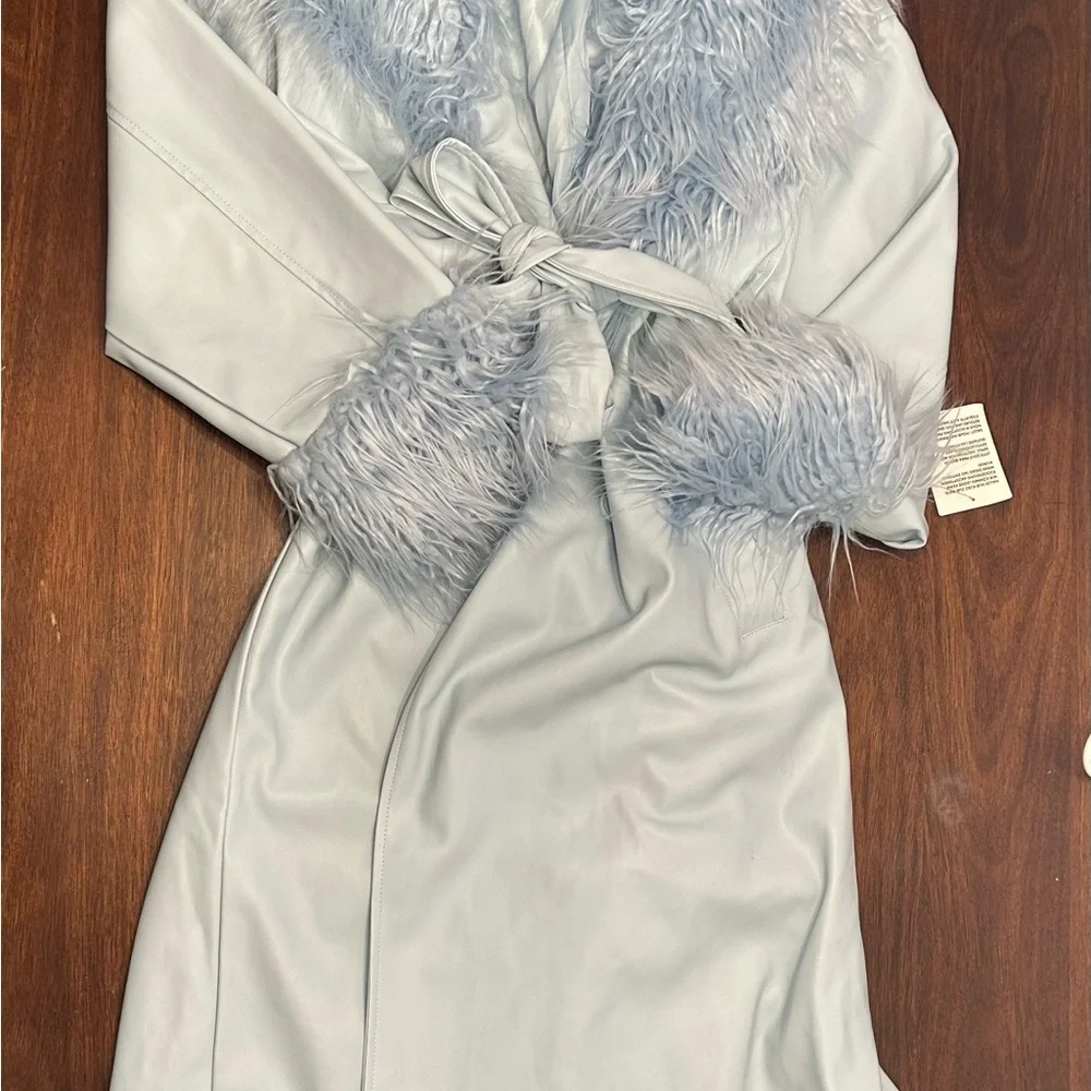 ASOS Sky Blue Leather Jacket with Plush Fur